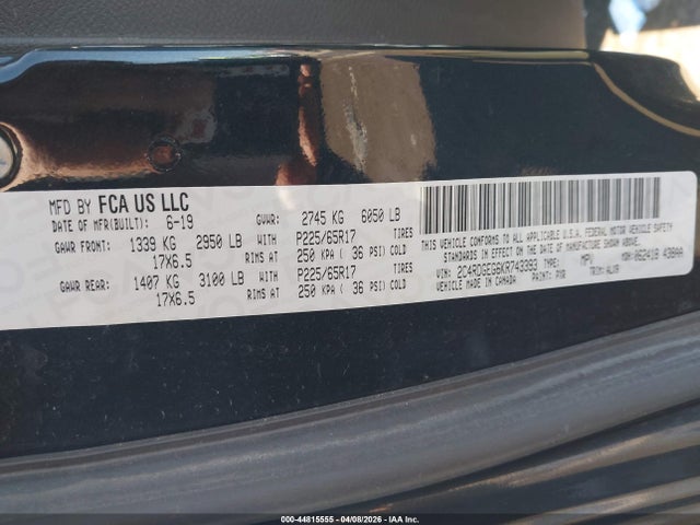 44815555 :رقم المزاد ، 2C4RDGEG6KR743393 vin ، 2019 Dodge Grand Caravan Gt مزاد بيع
