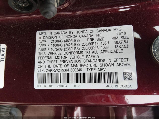 Продажа на аукционе авто 2019 Honda Cr-v Touring, vin: 2HKRW2H93KH600246, номер лота: 44815591