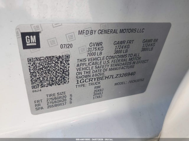 44815593 :رقم المزاد ، 1GCRYBEH7LZ326940 vin ، 2020 Chevrolet Silverado 1500 4wd  Standard Bed Custom مزاد بيع