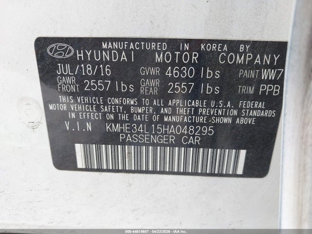 Aukcja sprzedaży 2017 Hyundai Sonata Hybrid Limited, vin: KMHE34L15HA048295, numer aukcji: 44815607