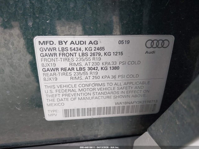 Продаж на аукціоні авто 2019 Audi Q5 45 Premium, vin: WA1BNAFY3K2116713, номер лоту: 44815611