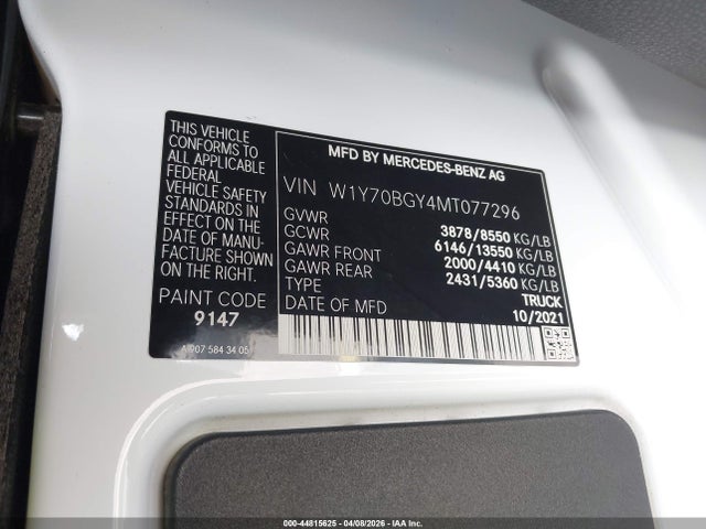 Aukcja sprzedaży 2021 Mercedes-benz Sprinter 1500 Standard Roof I4, vin: W1Y70BGY4MT077296, numer aukcji: 44815625