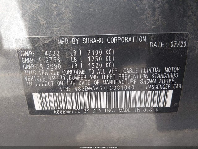 Продажа на аукционе авто 2020 Subaru Legacy, vin: 4S3BWAA67L3031040, номер лота: 44815630
