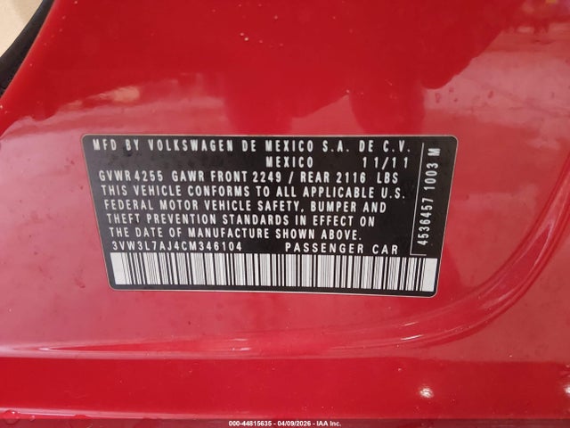 44815635 :رقم المزاد ، 3VW3L7AJ4CM346104 vin ، 2012 Volkswagen Jetta 2.0l Tdi مزاد بيع