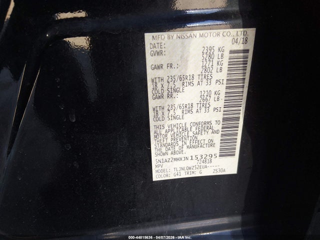 2018 Nissan Murano Sv მანქანა იყიდება აუქციონზე, vin: 5N1AZ2MHXJN153295, აუქციონის ნომერი: 44815636