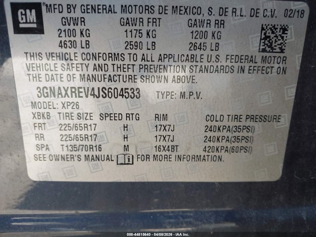 44815640 :رقم المزاد ، 3GNAXREV4JS604533 vin ، 2018 Chevrolet Equinox Ls مزاد بيع
