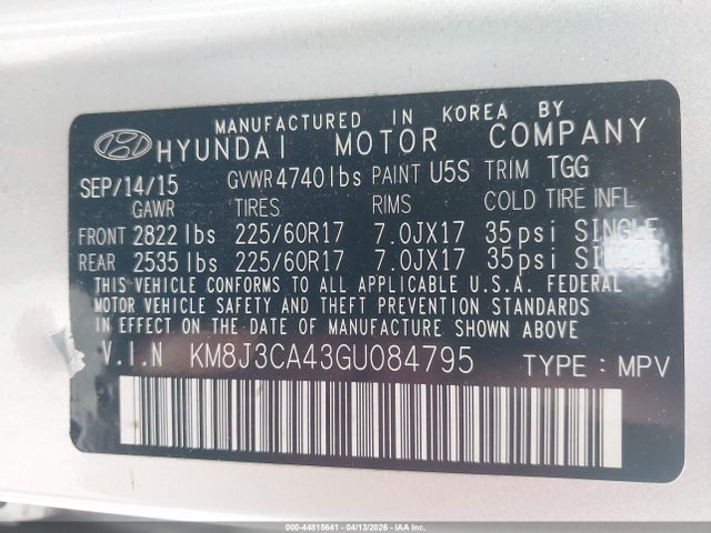 Aukcja sprzedaży 2016 Hyundai Tucson Se, vin: KM8J3CA43GU084795, numer aukcji: 44815641