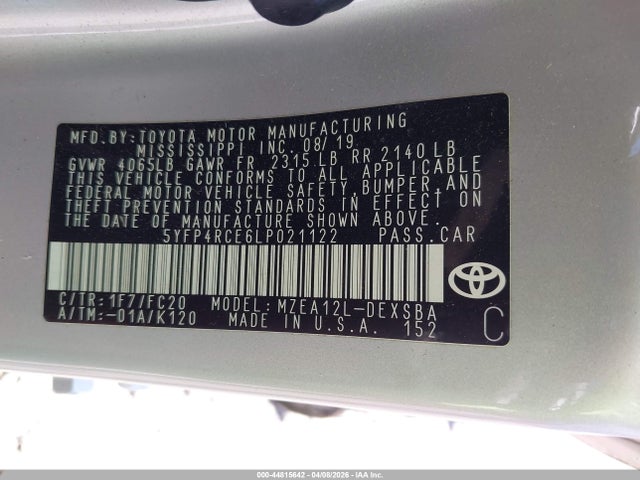 44815642 :رقم المزاد ، 5YFP4RCE6LP021122 vin ، 2020 Toyota Corolla Se مزاد بيع