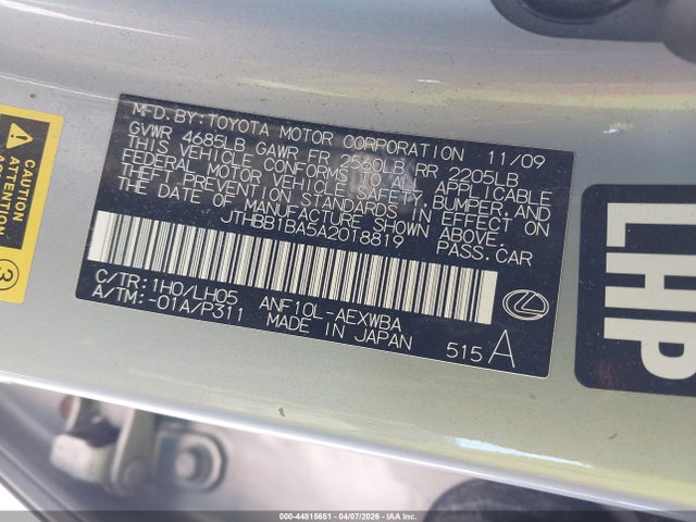 Aukcja sprzedaży 2010 Lexus Hs 250h Premium, vin: JTHBB1BA5A2018819, numer aukcji: 44815651