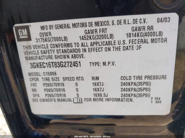 Aukcja sprzedaży 2003 Gmc Yukon Xl 1500 Slt, vin: 3GKEC16T83G272451, numer aukcji: 44815670