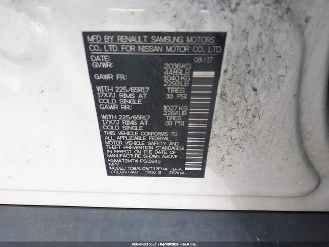 2017 Nissan Rogue Sv მანქანა იყიდება აუქციონზე, vin: KNMAT2MTXHP618943, აუქციონის ნომერი: 44815681