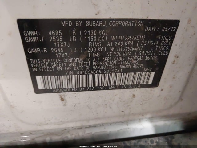 2019 Subaru Outback 2.5i მანქანა იყიდება აუქციონზე, vin: 4S4BSABC5K3365741, აუქციონის ნომერი: 44815694
