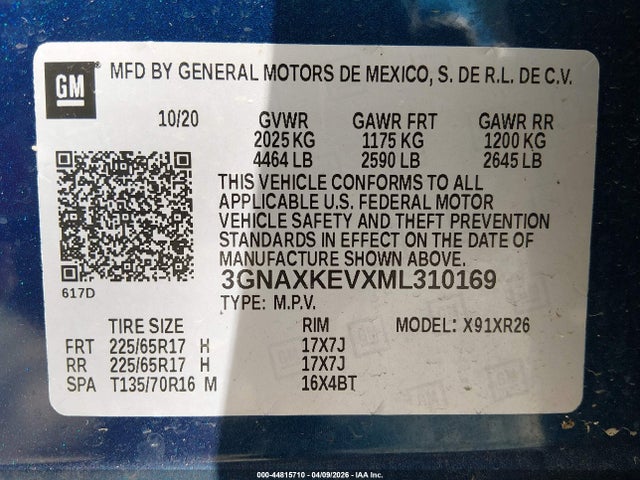 44815710 :رقم المزاد ، 3GNAXKEVXML310169 vin ، 2021 Chevrolet Equinox Fwd Lt مزاد بيع