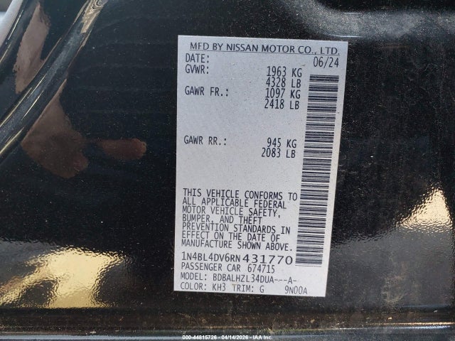 2024 Nissan Altima Sv Fwd მანქანა იყიდება აუქციონზე, vin: 1N4BL4DV6RN431770, აუქციონის ნომერი: 44815726