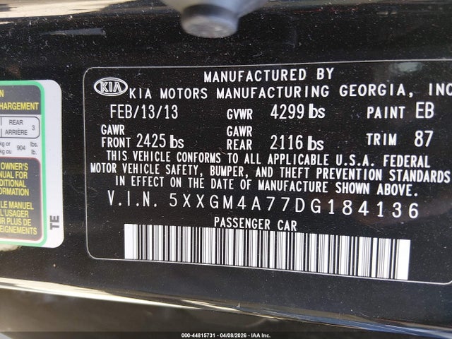 Aukcja sprzedaży 2013 Kia Optima Lx, vin: 5XXGM4A77DG184136, numer aukcji: 44815731