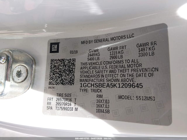 1GCHSBEA5K1209645 Chevrolet Colorado Wt