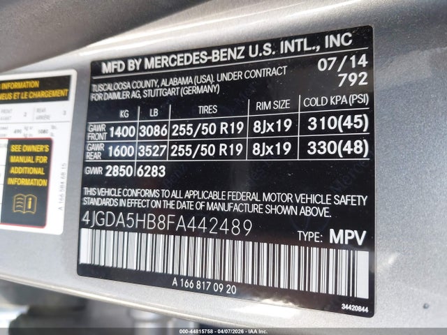 Aukcja sprzedaży 2015 Mercedes-benz Ml 350 4matic, vin: 4JGDA5HB8FA442489, numer aukcji: 44815758
