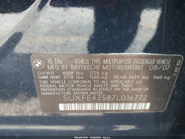 44815761 :رقم المزاد ، 5UXFE43587L016772 vin ، 2007 Bmw X5 3.0si مزاد بيع