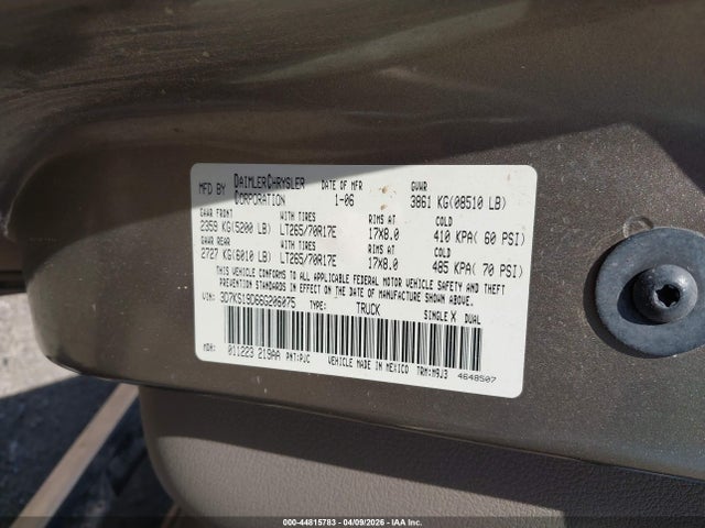 2006 Dodge Ram 1500 Slt მანქანა იყიდება აუქციონზე, vin: 3D7KS19D66G206075, აუქციონის ნომერი: 44815783