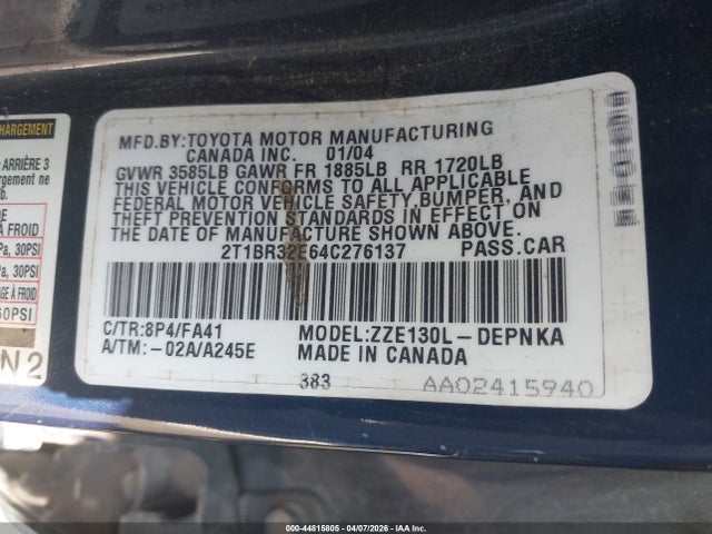 Aukcja sprzedaży 2004 Toyota Corolla Le, vin: 2T1BR32E64C276137, numer aukcji: 44815805