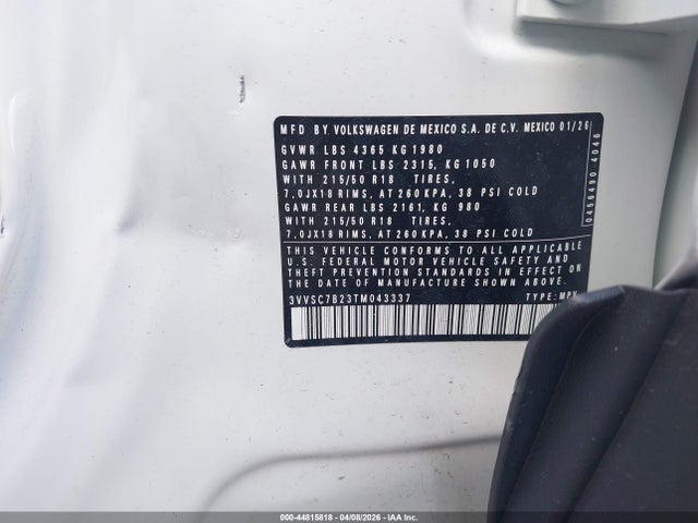 2026 Volkswagen Taos Se მანქანა იყიდება აუქციონზე, vin: 3VVSC7B23TM043337, აუქციონის ნომერი: 44815818