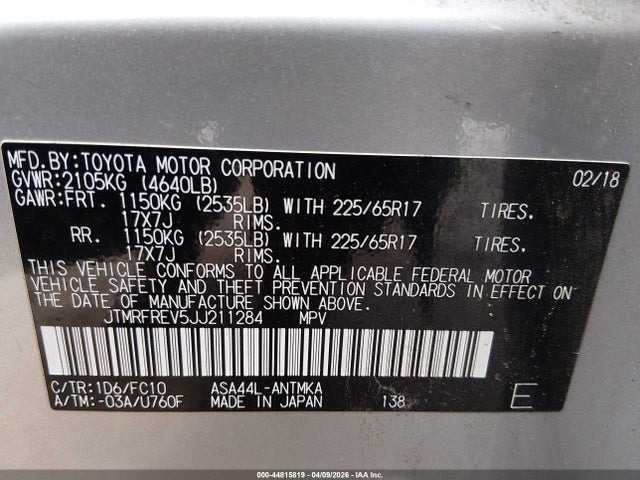 2018 Toyota Rav4 Xle მანქანა იყიდება აუქციონზე, vin: JTMRFREV5JJ211284, აუქციონის ნომერი: 44815819