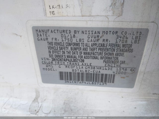 3N1CN7AP4JL857139 Nissan Versa 1.6 Sv