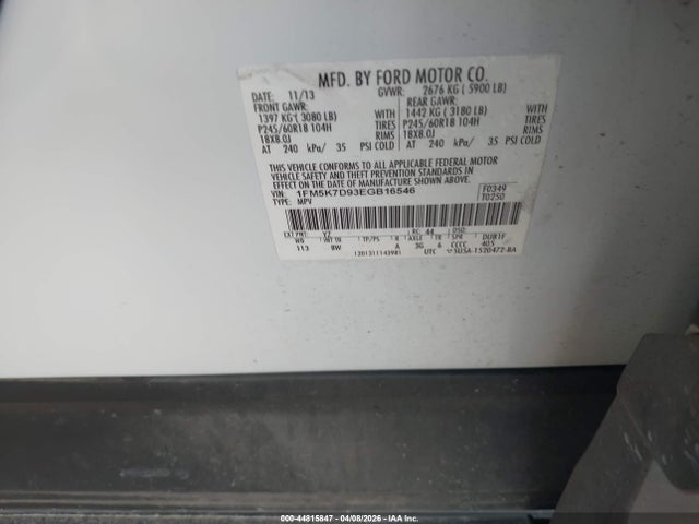 Продаж на аукціоні авто 2014 Ford Explorer Xlt, vin: 1FM5K7D93EGB16546, номер лоту: 44815847