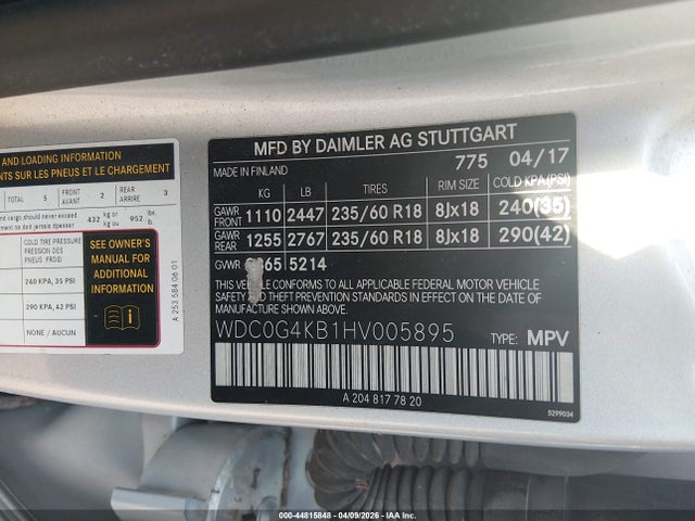 44815848 :رقم المزاد ، WDC0G4KB1HV005895 vin ، 2017 Mercedes-benz Glc 300 4matic مزاد بيع
