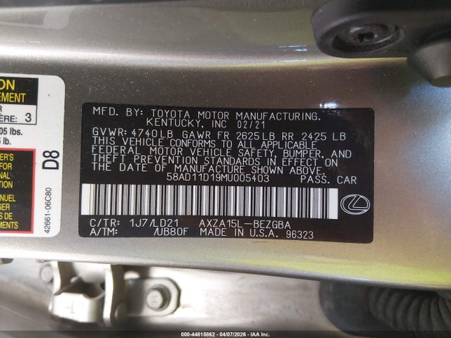 Продаж на аукціоні авто 2021 Lexus Es 250, vin: 58AD11D19MU005403, номер лоту: 44815862