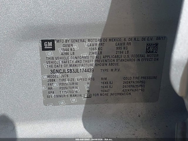 Продажа на аукционе авто 2018 Chevrolet Trax Lt, vin: 3GNCJLSB3JL174439, номер лота: 44815865