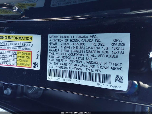 44815882 :رقم المزاد ، 2HKRS4H7XTH429499 vin ، 2026 Honda Cr-v Ex-l Awd مزاد بيع