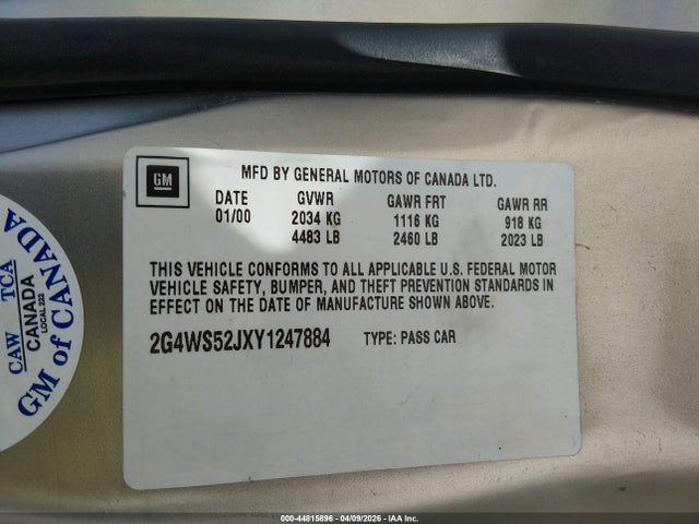 2000 Buick Century Custom მანქანა იყიდება აუქციონზე, vin: 2G4WS52JXY1247884, აუქციონის ნომერი: 44815896