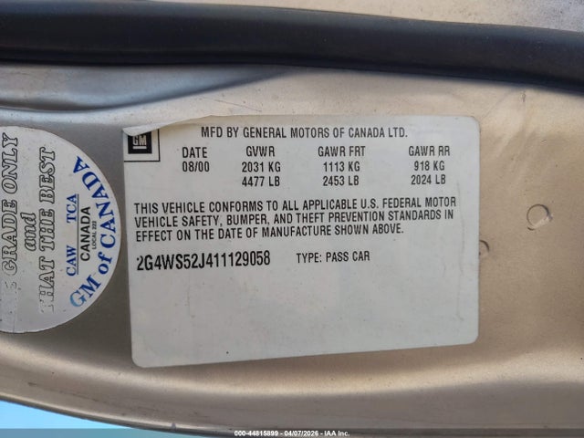 44815899 :رقم المزاد ، 2G4WS52J411129058 vin ، 2001 Buick Century Custom مزاد بيع