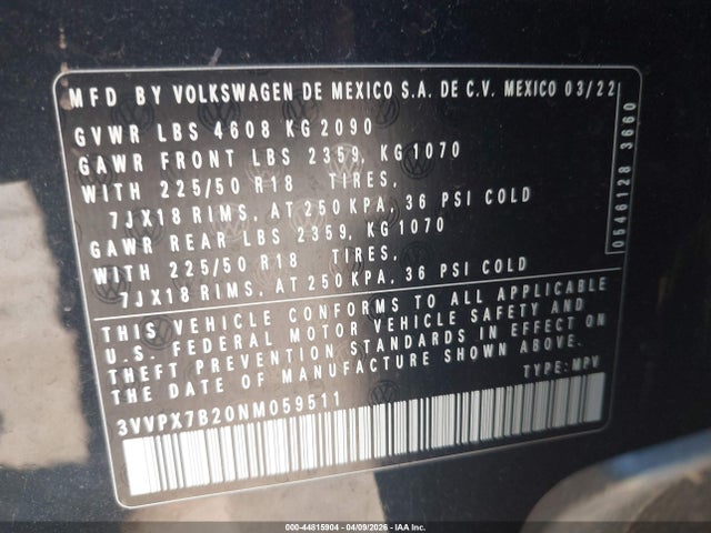 44815904 :رقم المزاد ، 3VVPX7B20NM059511 vin ، 2022 Volkswagen Taos 1.5t Se مزاد بيع