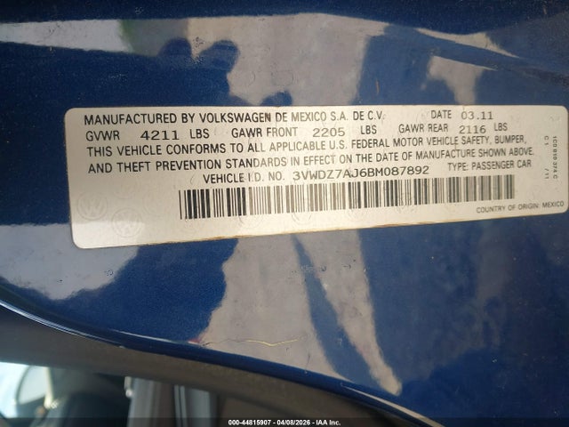 2011 Volkswagen Jetta 2.5l Se მანქანა იყიდება აუქციონზე, vin: 3VWDZ7AJ6BM087892, აუქციონის ნომერი: 44815907