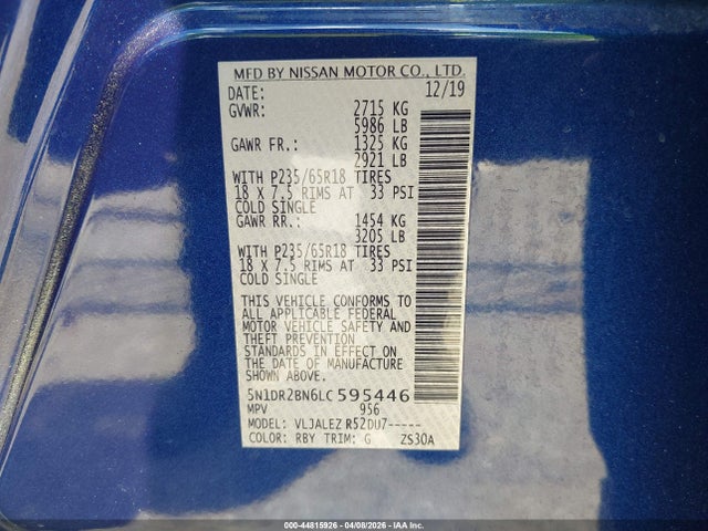 44815926 :رقم المزاد ، 5N1DR2BN6LC595446 vin ، 2020 Nissan Pathfinder Sv 2wd مزاد بيع