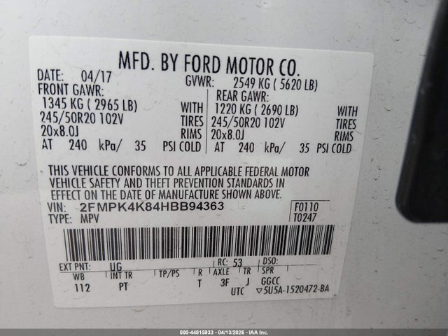 44815933 :رقم المزاد ، 2FMPK4K84HBB94363 vin ، 2017 Ford Edge Titanium مزاد بيع