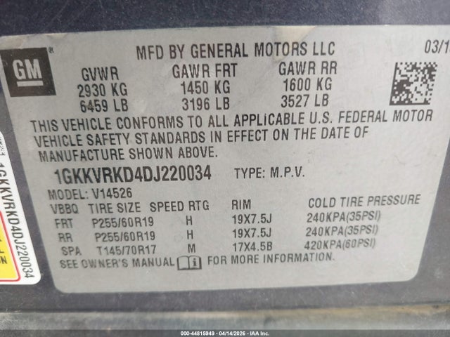 Aukcja sprzedaży 2013 Gmc Acadia Slt-1, vin: 1GKKVRKD4DJ220034, numer aukcji: 44815949