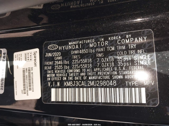 Aukcja sprzedaży 2021 Hyundai Tucson Sel, vin: KM8J3CAL2MU298048, numer aukcji: 44815957