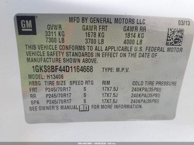 44815961 :رقم المزاد ، 1GKS8BF44D1164668 vin ، 2013 Gmc Savana 1500 Ls مزاد بيع