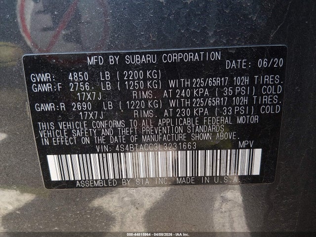 44815964 :رقم المزاد ، 4S4BTACC3L3231663 vin ، 2020 Subaru Outback Premium مزاد بيع