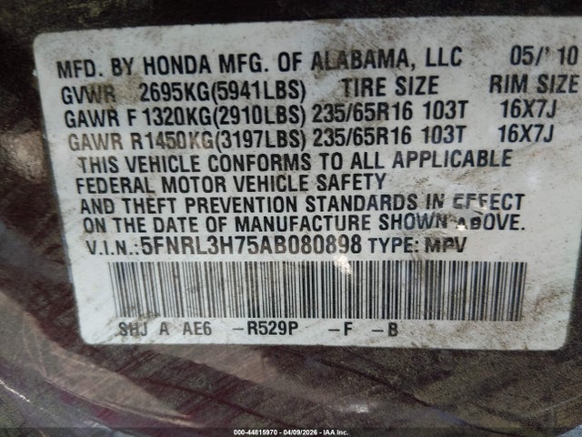 Aukcja sprzedaży 2010 Honda Odyssey Ex-l, vin: 5FNRL3H75AB080898, numer aukcji: 44815970