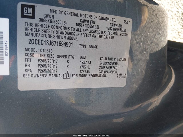 2007 Chevrolet Silverado 1500 Lt1 მანქანა იყიდება აუქციონზე, vin: 2GCEC13J671694991, აუქციონის ნომერი: 44815975
