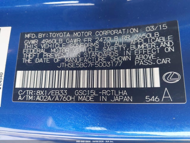 44815986 :رقم المزاد ، JTHSE5BC7F5003177 vin ، 2015 Lexus Rc 350 مزاد بيع