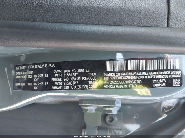 44815989 :رقم المزاد ، ZACCJBBB1HPG47260 vin ، 2017 Jeep Renegade Latitude 4x4 مزاد بيع