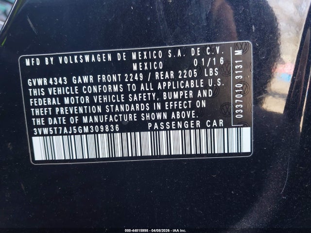 2016 Volkswagen Jetta 2.0t Gli Sel მანქანა იყიდება აუქციონზე, vin: 3VW5T7AJ5GM309836, აუქციონის ნომერი: 44815998