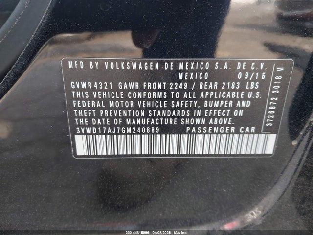 Продаж на аукціоні авто 2016 Volkswagen Jetta 1.8t Sport, vin: 3VWD17AJ7GM240889, номер лоту: 44815999