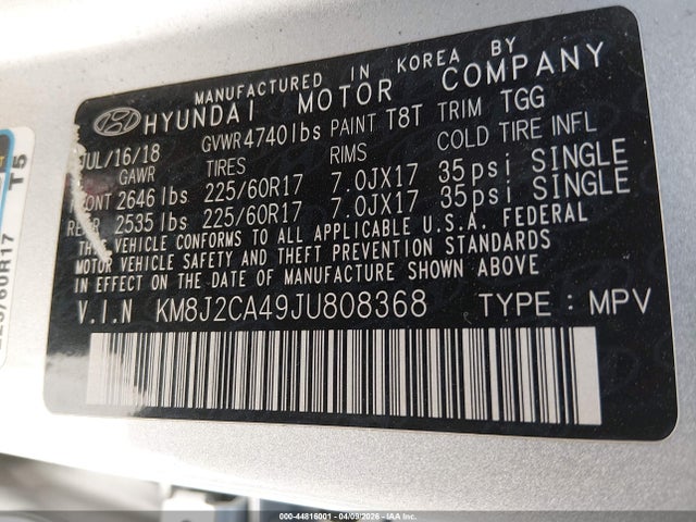 2018 Hyundai Tucson Se მანქანა იყიდება აუქციონზე, vin: KM8J2CA49JU808368, აუქციონის ნომერი: 44816001