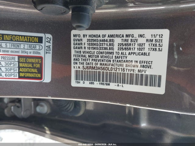 Продажа на аукционе авто 2013 Honda Cr-v Ex, vin: 5J6RM3H56DL012116, номер лота: 44816004